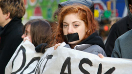 A Vassar student protests the "Don’t Ask Don’t Tell" policy outside a recruiting center in Times Square