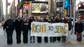 Vassar students protest the Don’t Ask Don’t Tell policy outside the U.S. Armed Forces recruiting center in Times Square.