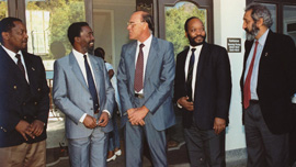 Thabo Mbeki (center), Jacob Zuma (right) and Terror Lekota (left) in negotiations 
