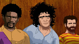 The defendants of the 1968 Conspiracy Trial: Bobby Seale, Abbie Hoffman and Jerry Rubin