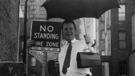 “Doc” Humes in Greenwich Village, c. 1961, while shooting Don Peyote, his legendary lost film, a Beat generation version of Don Quixote