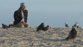 Jeffrey with his pigeon and other birds on Venice Beach