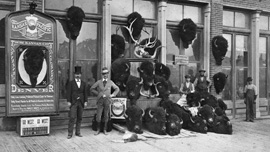 Photo of a collection of bison heads killed from the Kansas Pacific Railway
