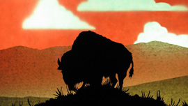 Animation still of a bison in silhouette on a grassy knoll, animated by Andy Smetanka