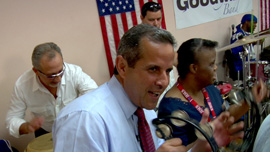Mayor Manny Diaz and Emilio Estefan jam with the band during a rehearsal scene in the film. 