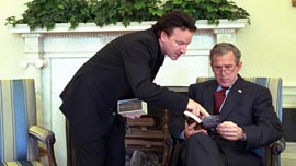 Bono meets President George W. Bush in the White House. Bono meets President George W. Bush in the White House.