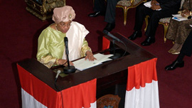 President of Liberia Ellen Johnson Sirleaf at the mic