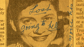 A marked up newspaper photo of Vashti McCollum, sent to her anonymously. A marked up newspaper photo of Vashti McCollum, sent to her anonymously.