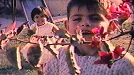 Gino Garcia peeks behind a bush as his sister Gaby smiles behind him in their 8mm home movie