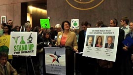 Kathy Miller speaks to the press before the SBOE Science TEKS deliberations.