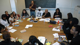 Power Writers in their seminar room, Bronx Community College read and feed session