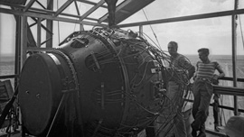 “Trinity” test bomb, atop its tower in the New Mexico desert, shortly before the world’s first nuclear test