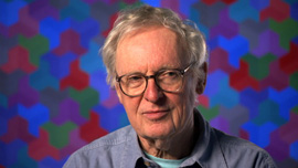 George Woodman in front of his painting Homage to the Hexagon 1971